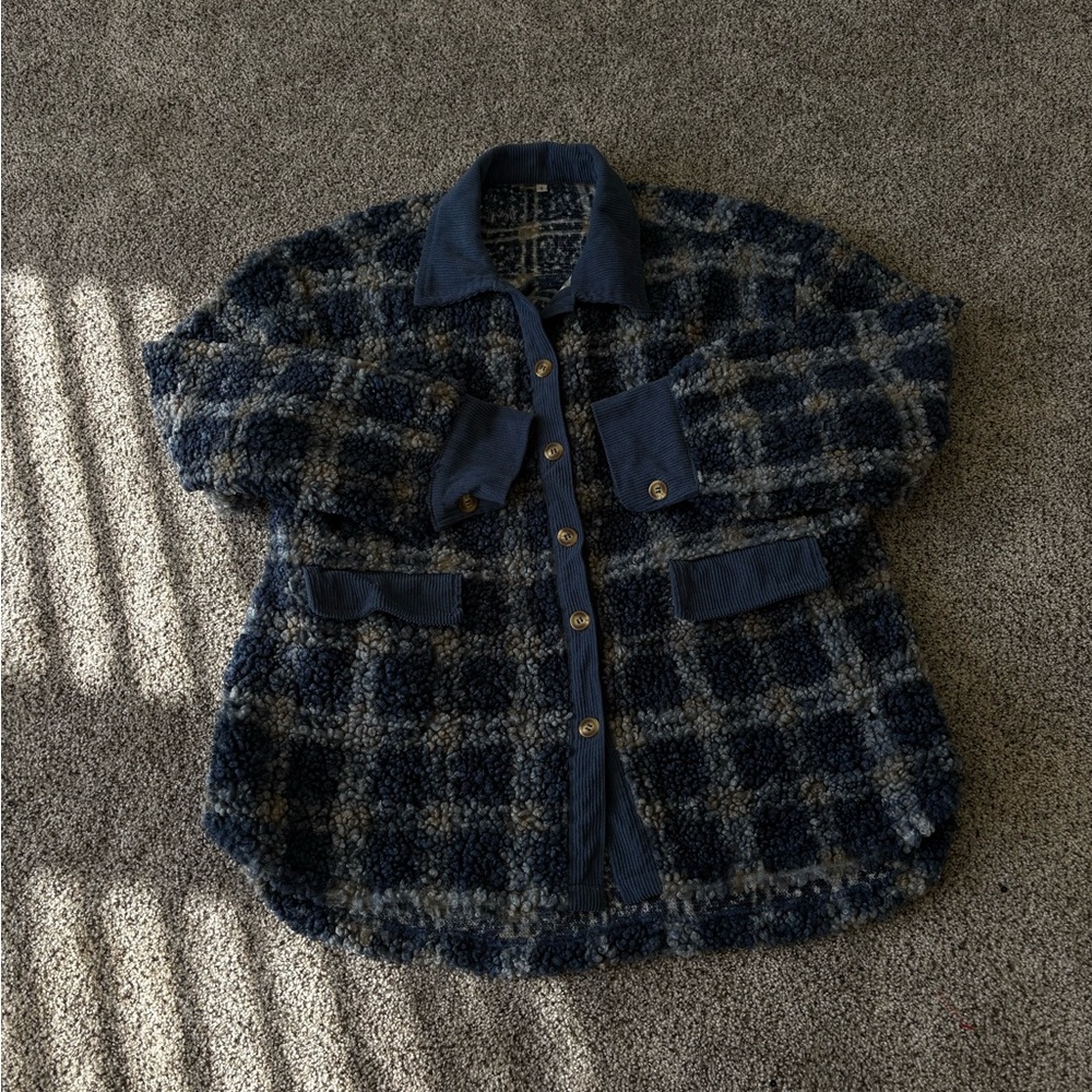 Plaid Teddy Button Down Oversized Shacket - Blue … - image 3